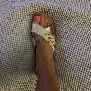 Gold metallic and hide sandals